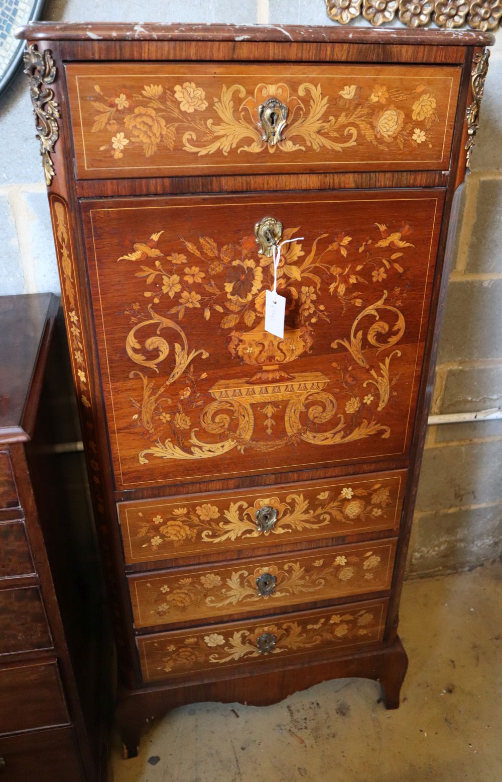 An early 20th century French marquetry inlaid rosewood secretaire chest with marble top, width 64cm, depth 37cm, height 142cm